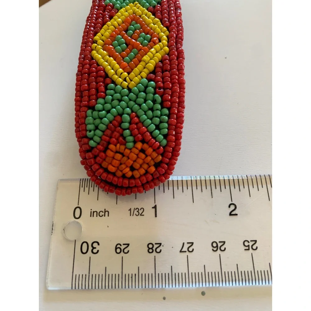 Vintage Seed Bead Hair Barrette Red Green Yellow Geometric Boho French Clip